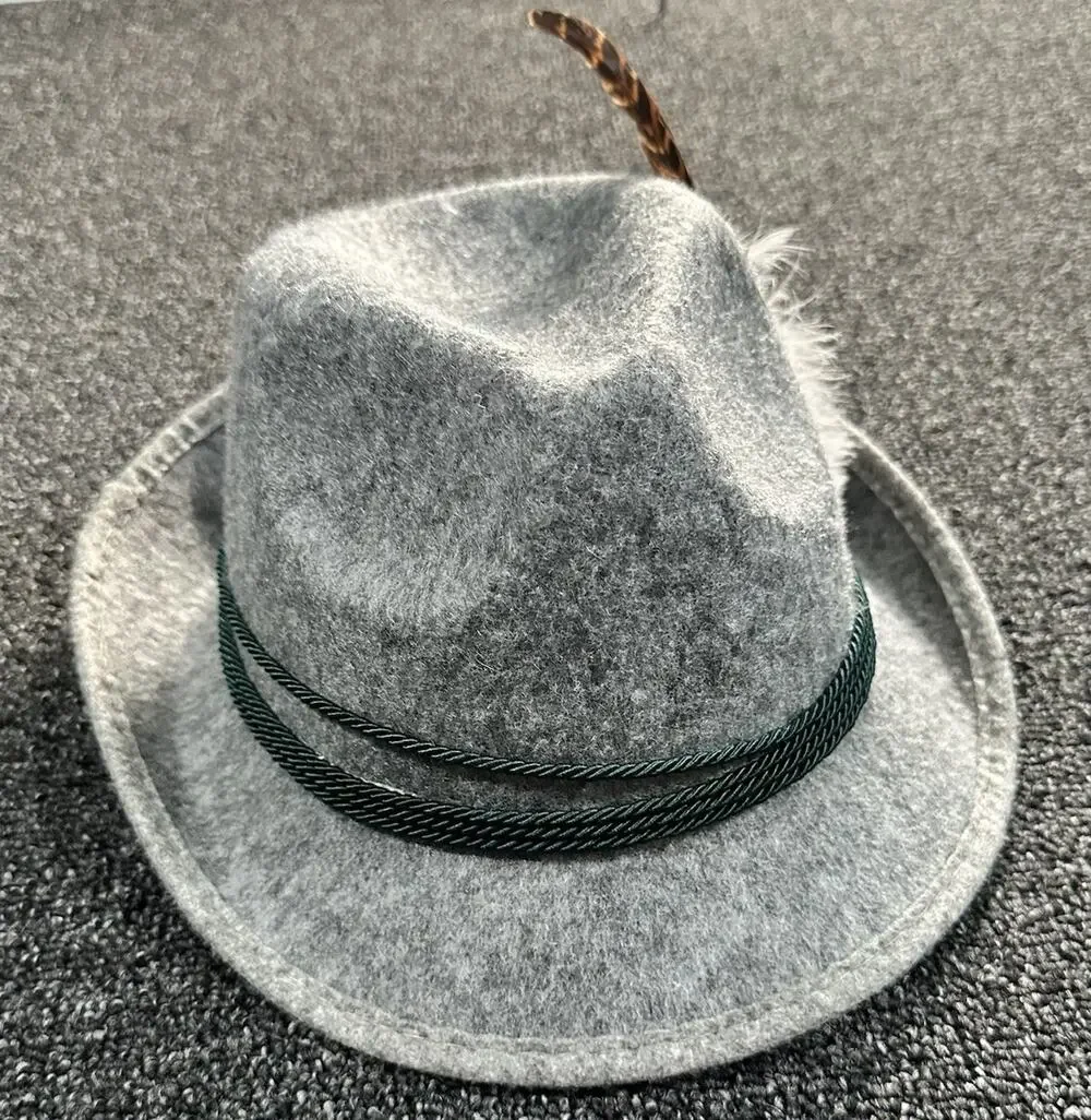 Allen Wool Hat Medium H650 German Oktoberfest W/ Feather Gray Green Sweatband